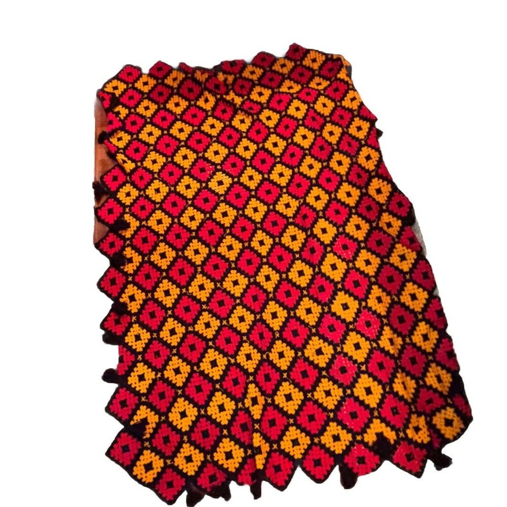 Vtg Handmade Crochet Afghan Throw Blanket 60”x98” Retro Boho Tassels Granny Squa